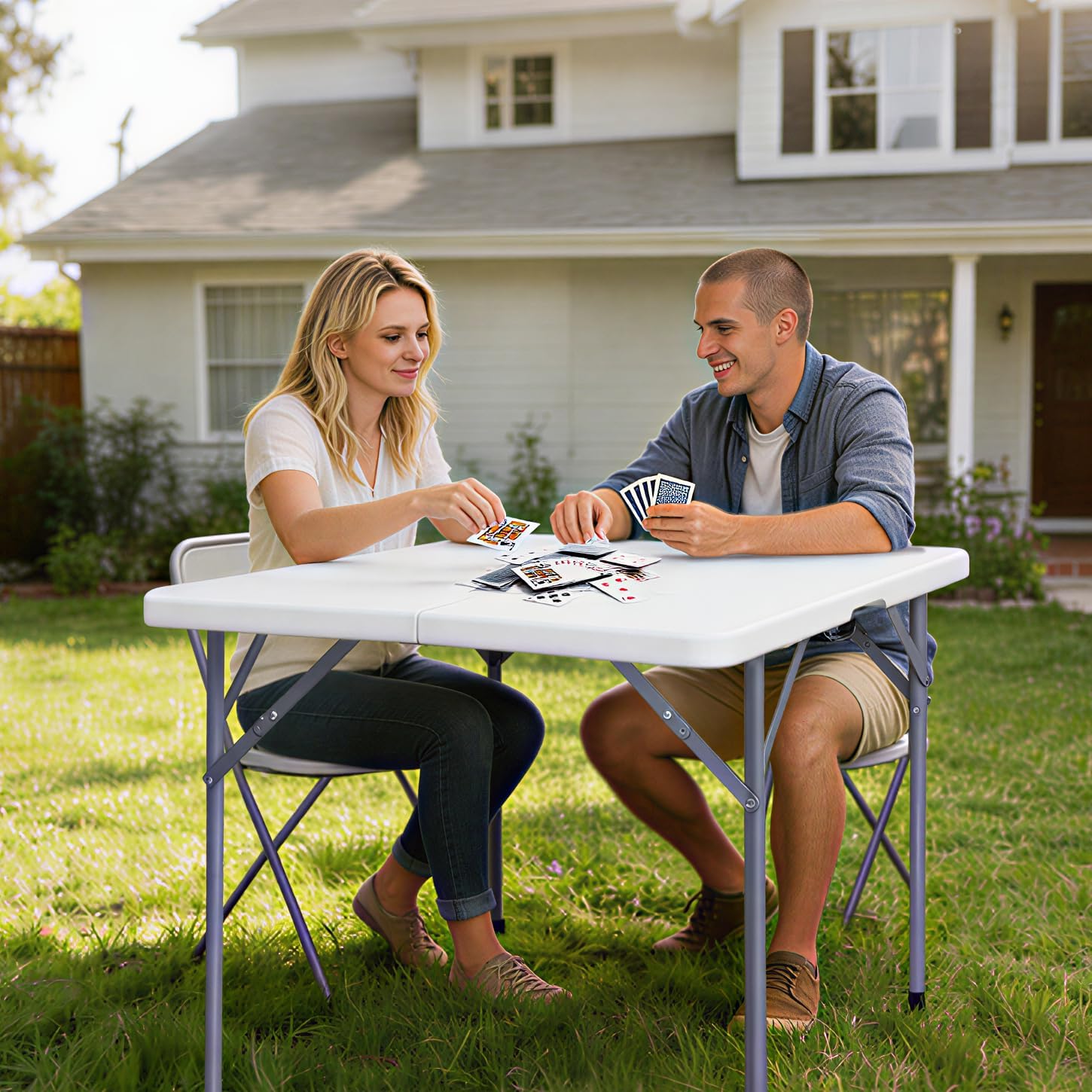 Lakhow 34 Square Folding Table, Fold-in-Half Utility Dining Portable Table Heavy Duty HDPE Plastic Foldable with Carrying Handle Indoor Outdoor for Picnic, Party